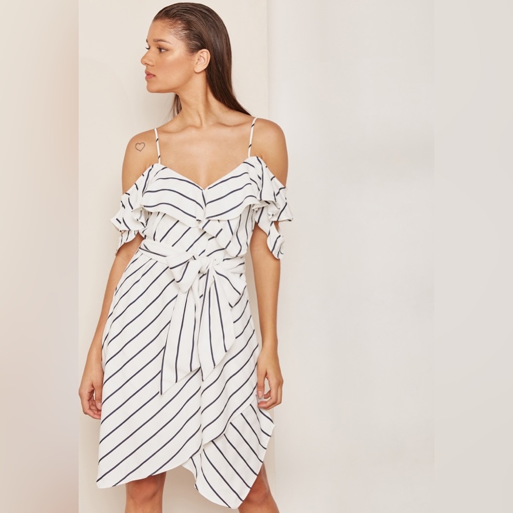 NWT Kendall & Kylie Pinstripe Ruffle Dress in Navy & White